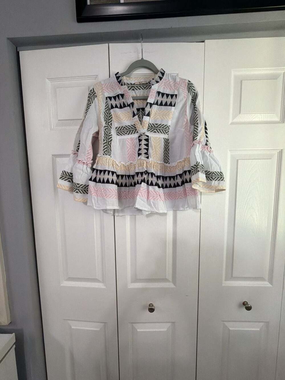 Mi Ami Embroidered Geometric Print Peplum Blouse